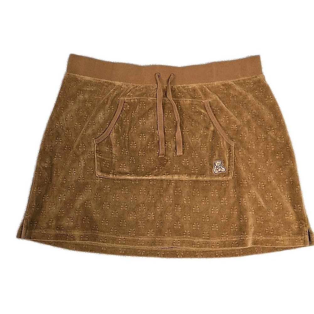 Teddy Fresh Velour Pull On Mini Skirt Brown Pocket Drawstring‎ Women's Size XL